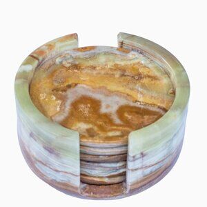 Green Onyx Gemstone Coaster Set with Holder 7 Pieces: 6 Coasters 1 Holder (B)